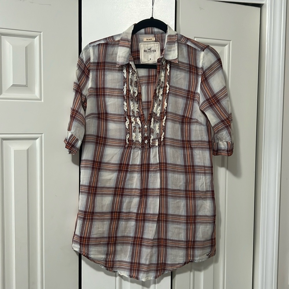 Plaid, ruffle-front vintage Hollister tunic